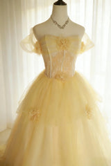 Modest Prom Dresses Ball Gown Off The Shoulder Yellow Tulle With Sleeves Long Quince Dress N2967