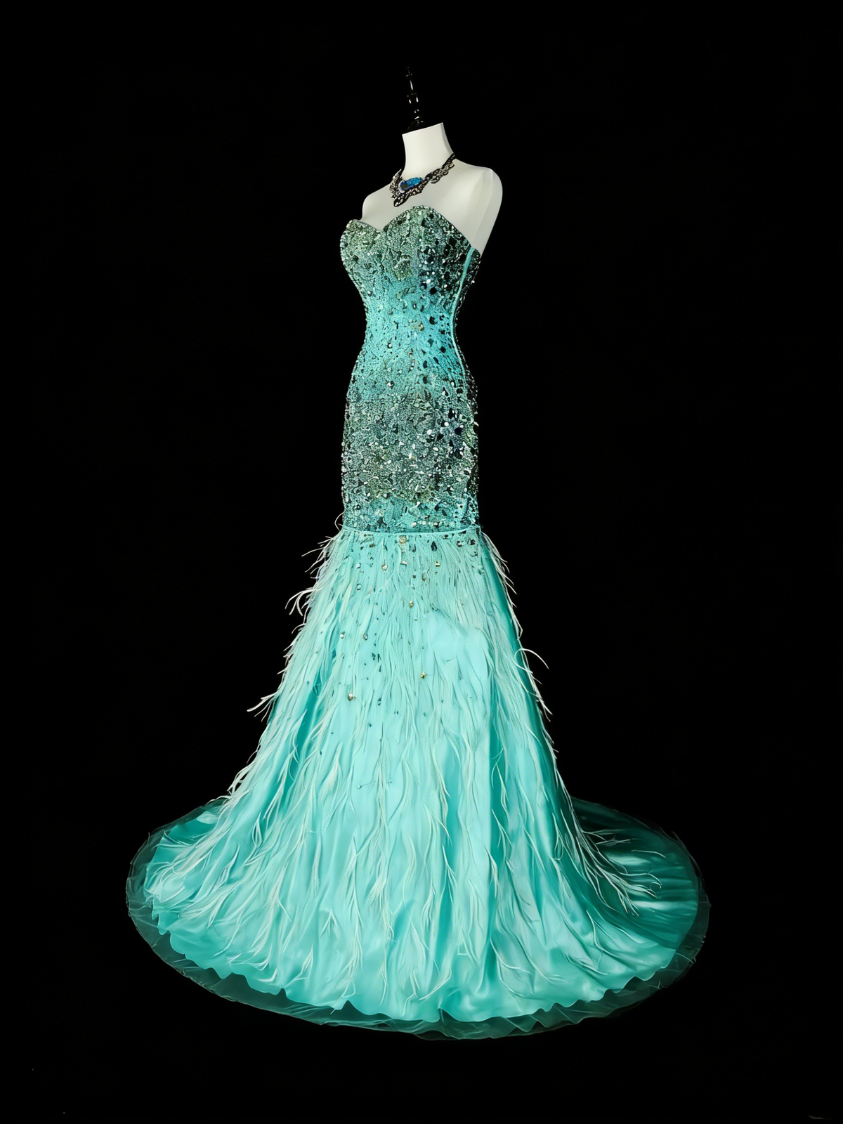 Vintage 1960s Mermaid Sweetheart Blue With Crystals Gems Sleeveless Long Prom Formal Dresses N1592