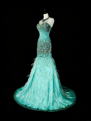 Vintage 1960s Mermaid Sweetheart Blue With Crystals Gems Sleeveless Long Prom Formal Dresses N1592