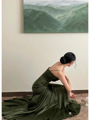 Fitted Mermaid Spaghetti Strap Green Satin With Pleated Formal Dress Long Prom Dresses N2820
