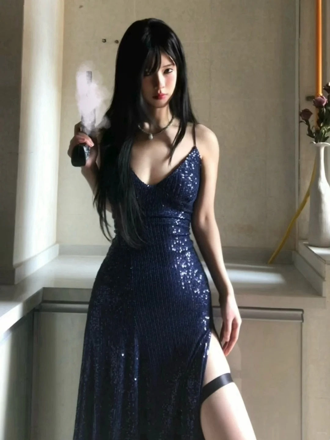 Sexy Navy Blue V-neck Lace-Up Mermaid Long Prom Dress with Slit Formal Dress AB1826