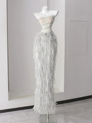 Sparkly Prom Dresses Mermaid Strapless Grey Sequin With Feathers Long Formal Dance Dress N2998