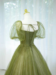 Elegant Ball Gown Green Square Neck Tulle Long Formal Dress 18th Birthday Prom Dresses N2853
