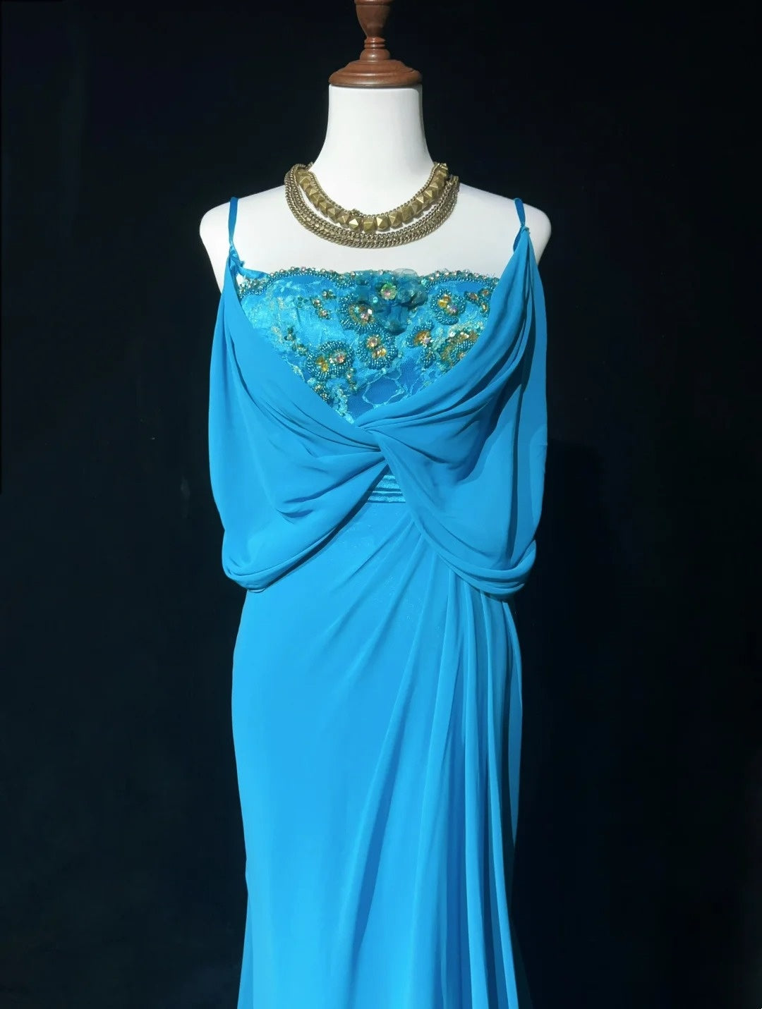 Gothic Glam Prom Dresses Mermaid Spaghetti Strap Blue Chiffon Sleeveless With Beaded Semi Formal Evening Dress N3819