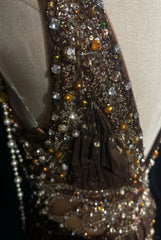 Vintage Prom Aesthetic Dresses Mermaid V Neck Brown Satin With Beading Gem Long Formal Dress N3021