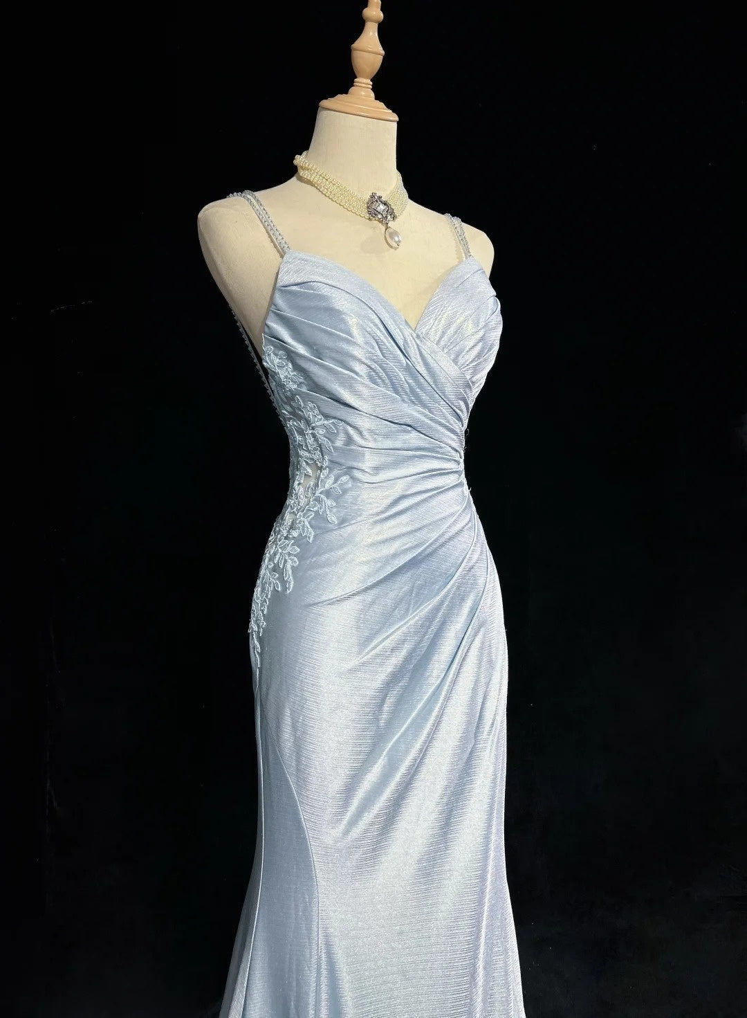 Modest Prom Dresses Mermaid Spaghetti Strap Light Sky Blue With Applique Formal Outfits N3690