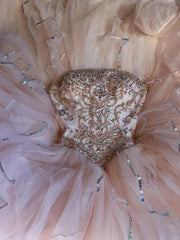Sweet Ball Gown Strapless Short Sleeves Pink Sequined Long Formal Dress Birthday Prom Dresses With Jacket N2861