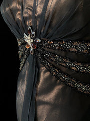Vintage Prom Dresses Spaghetti Strap Mermaid Brown Satin Black Chiffon Long Formal Evening Outfits N3861