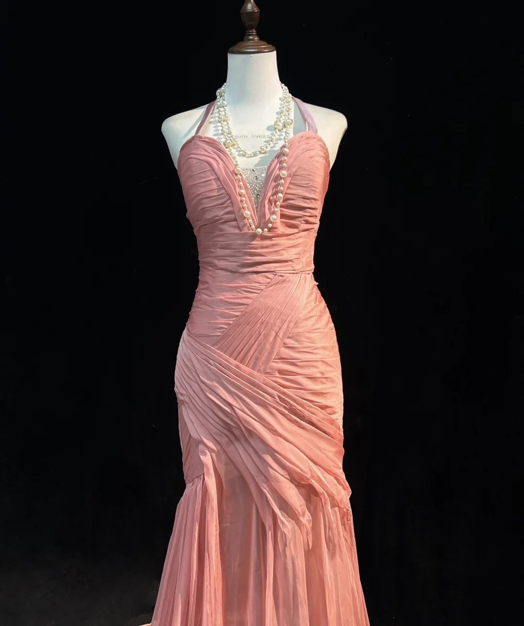 Vintage Mermaid Halter Pink With Folds Sleeveless Long Formal Dress Gown Birthday Prom Dresses N2447