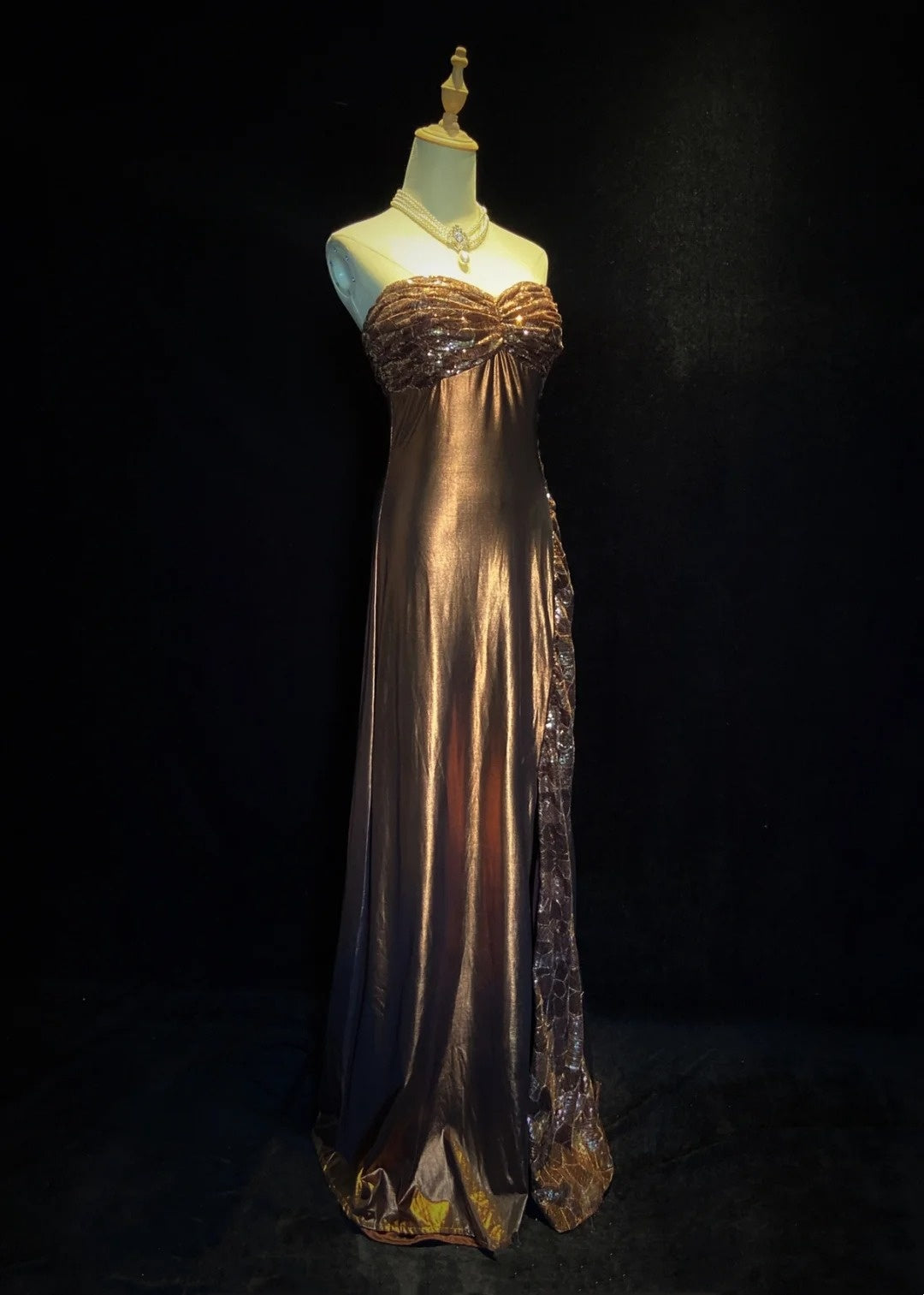 Vintage Prom Dresses Inspo A Line Sweetheart Brown Satin Long 1990s With Sequined Formal Gowns N3345