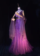 Modest Prom Dresses A line V Neckline Grape Tulle Sequined With Cape Long Evening Outfits N3447