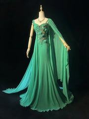 Elegant Mermaid One Shoulder Green Chiffon With Silver Beaded Bodice Formal Dress Long Prom Dresses N2726