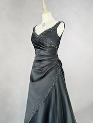 Vintage 90s Prom Dresses Ball Gown V Neck Black With Silver Beading Long Prom Gown N3022