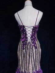 Glitter Prom Dresses Mermaid Spaghetti Strap Purple Chiffon With Flowers Long Formal Evening Dress N3893