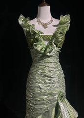 Vintage Prom Aesthetic Dresses Mermaid V Neck Green With Beading Long Formal Dress N3059