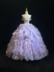 Modest Prom Dresses Ball Gown Strapless Lilac Organza With Layers Tiered Long Quince Dress N3128