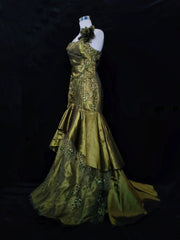 Vintage Classy Prom Dresses Mermaid Spaghetti Strap Olive Green Satin With Lace Beading Evening Long Dress N3294