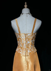 Charming Prom Dresses A line Spaghetti Strap Gold Long Formal Evening Dress N3900