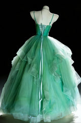 Cute Ball Gown Spaghetti Straps Green Tulle With Ruffled Long Party Gowns Prom Dresses N3040