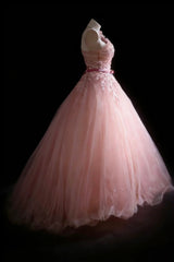 Pretty Prom Dresses Ball Gown One Shoulder Blush Pink Tulle With Appliques Long Formal Dress N2954