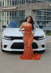 Elegant Mermaid Sweetheart Orange Sequin With Beadings Long Formal Prom Evening Dress Dinner Outfits Party Gowns AB2083