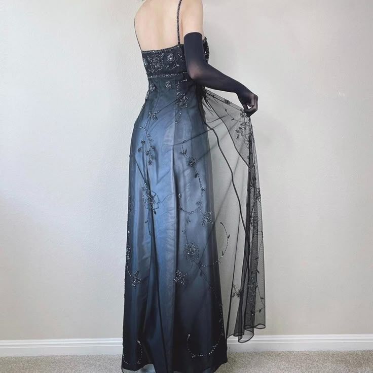 Blue/Grey Delicate Beaded Long Tulle Elegant A line Evening Dress Formal Birthday Party Dress Prom Dresses N1697