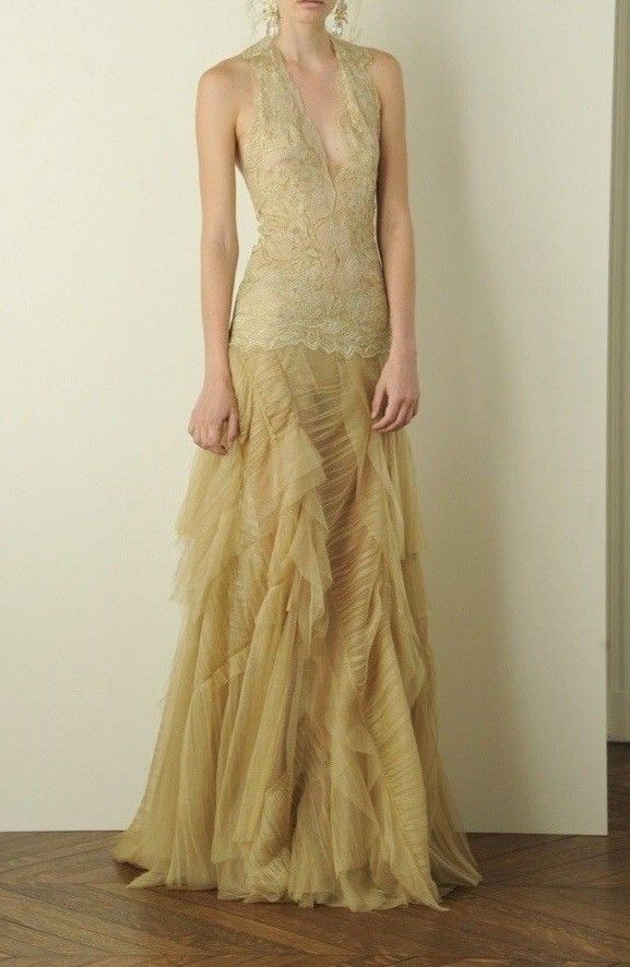 Gorgeous Mermaid Halter Gold Lace Tulle Prom Dresses Long Sleeveless Graduation Dress N1640