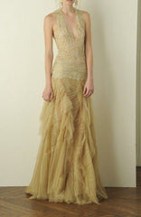 Gorgeous Mermaid Halter Gold Lace Tulle Prom Dresses Long Sleeveless Graduation Dress N1640