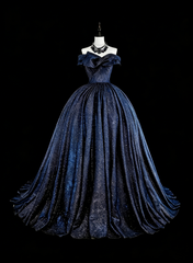 Vintage 1780s Ball Gown Off The Shoulder Navy Blue Tulle With Sleeves Long Prom Dresses N1608