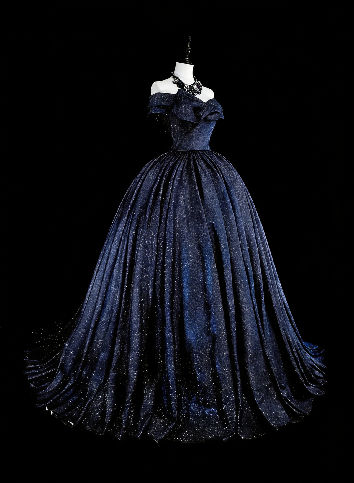 Vintage 1780s Ball Gown Off The Shoulder Navy Blue Tulle With Sleeves Long Prom Dresses N1608