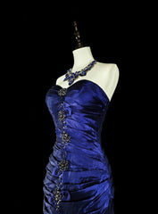 Vintage Mermaid Sweetheart Royal Blue Satin 80s Evening Gowns Formal Birthday Dress Long Prom Dresses N1756