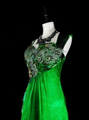 Vintage A Line Straps Green 70s With Pleated Beads Long Prom Gown Party Wear Dresses N1840
