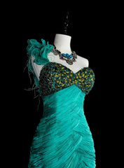 Vintage Mermaid One Shoulder Chiffon Green 70s With Pleated Beads Long Prom Gown Party Wear Dresses N1841