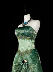 Vintage A Line Strapless Sage Green 70s Organza Long Prom Gown Party Wear Dresses N1835