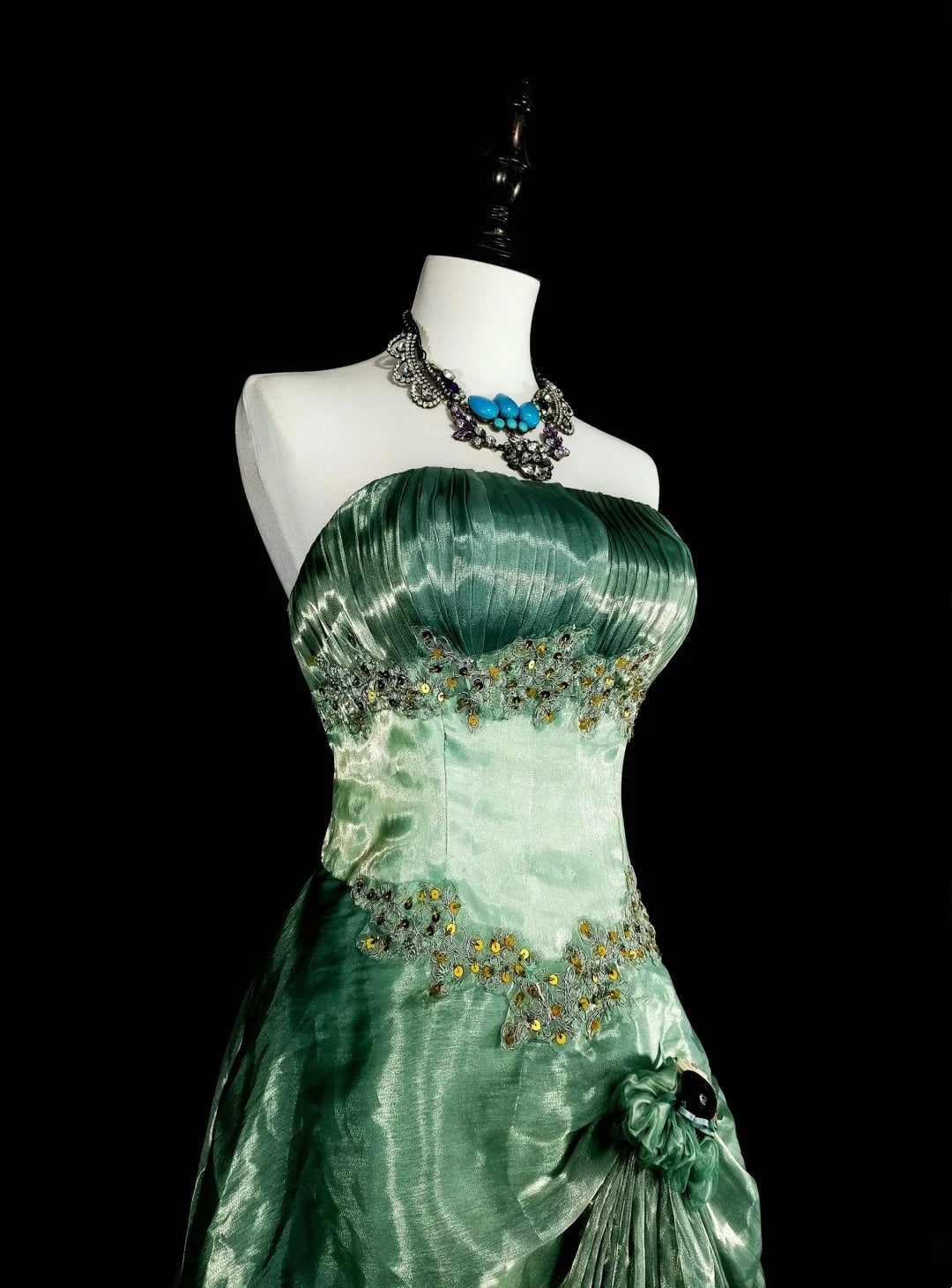 Vintage A Line Strapless Sage Green 70s Organza Long Prom Gown Party Wear Dresses N1835