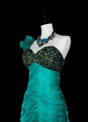 Vintage Mermaid One Shoulder Chiffon Green 70s With Pleated Beads Long Prom Gown Party Wear Dresses N1841