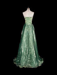 Vintage A Line Strapless Sage Green 70s Organza Long Prom Gown Party Wear Dresses N1835