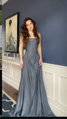 Women's Cocktail Party Gowns Sheath Strapless Gray With Pleated Long Graduation Dinner Outfit Prom Dresses AB1890