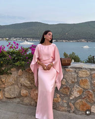 Women's Cocktail Party Gowns Mermaid Scoop Neck Pink With Pleated Ruched Cape Graduation Dinner Outfits Prom Dresses AB1881