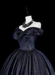 Vintage 1780s Ball Gown Off The Shoulder Navy Blue Tulle With Sleeves Long Prom Dresses N1608