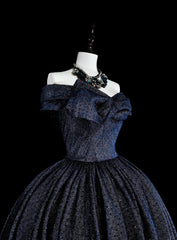 Vintage 1780s Ball Gown Off The Shoulder Navy Blue Tulle With Sleeves Long Prom Dresses N1608