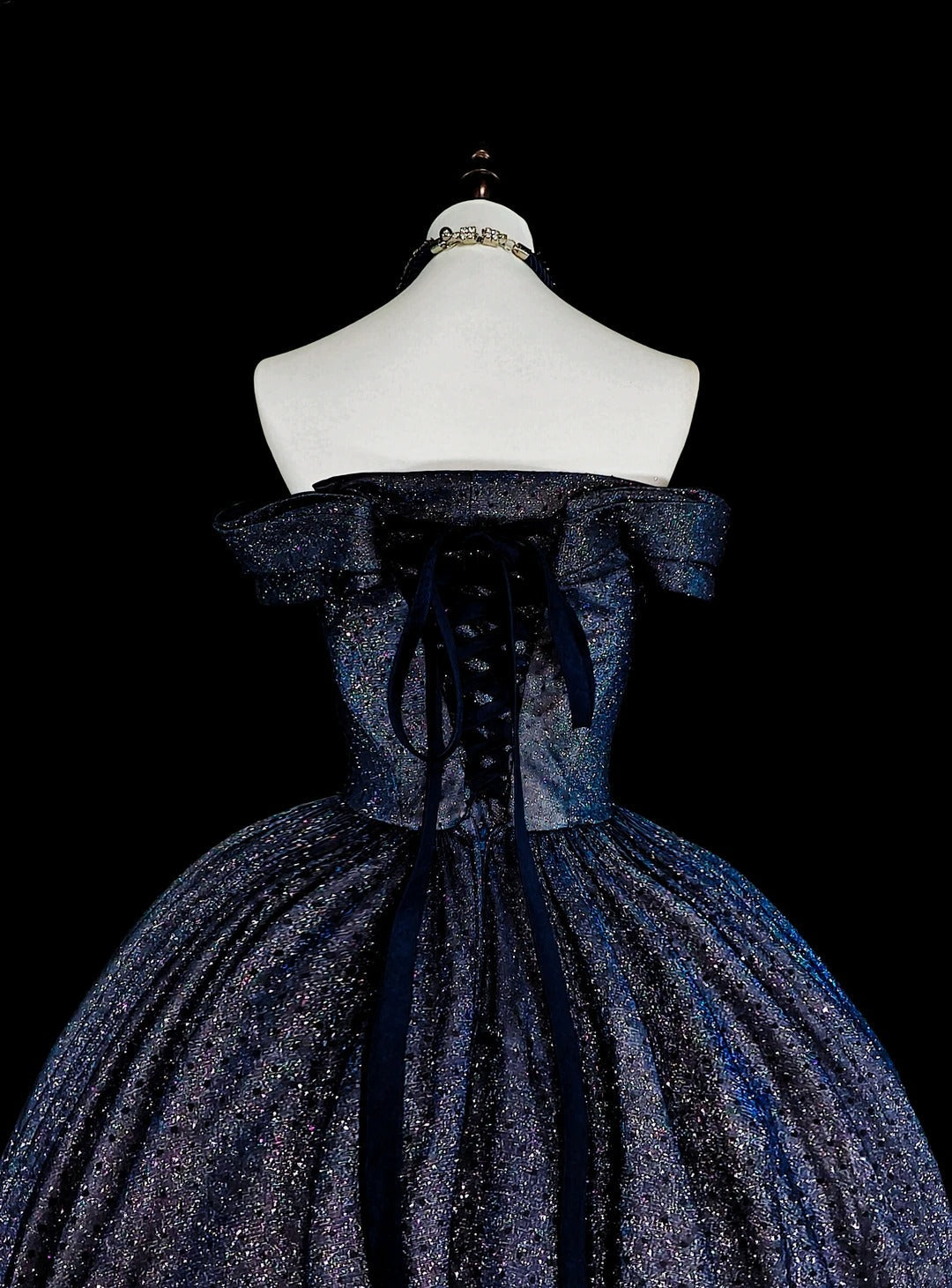 Vintage 1780s Ball Gown Off The Shoulder Navy Blue Tulle With Sleeves Long Prom Dresses N1608
