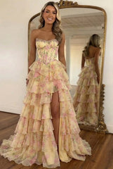 Yellow Strapless Chiffon A-Line Long Prom Dress with Floral N1505