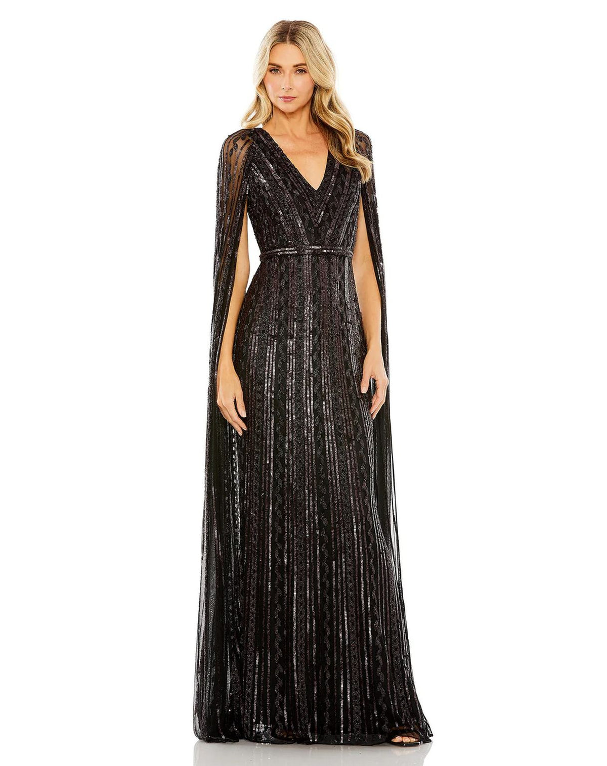 Long Sequined V Neck Cape Sleeve Dress Sequined V Neck Cape Sleeve Mac Duggal 5915