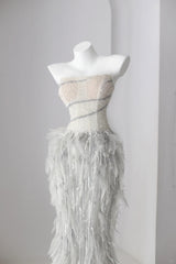Sparkly Prom Dresses Mermaid Strapless Grey Sequin With Feathers Long Formal Dance Dress N2998