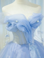 Pretty Prom Dresses Ball Gown Off The Shoulder Blue Tulle With Ruffle Long Formal Gown N2936