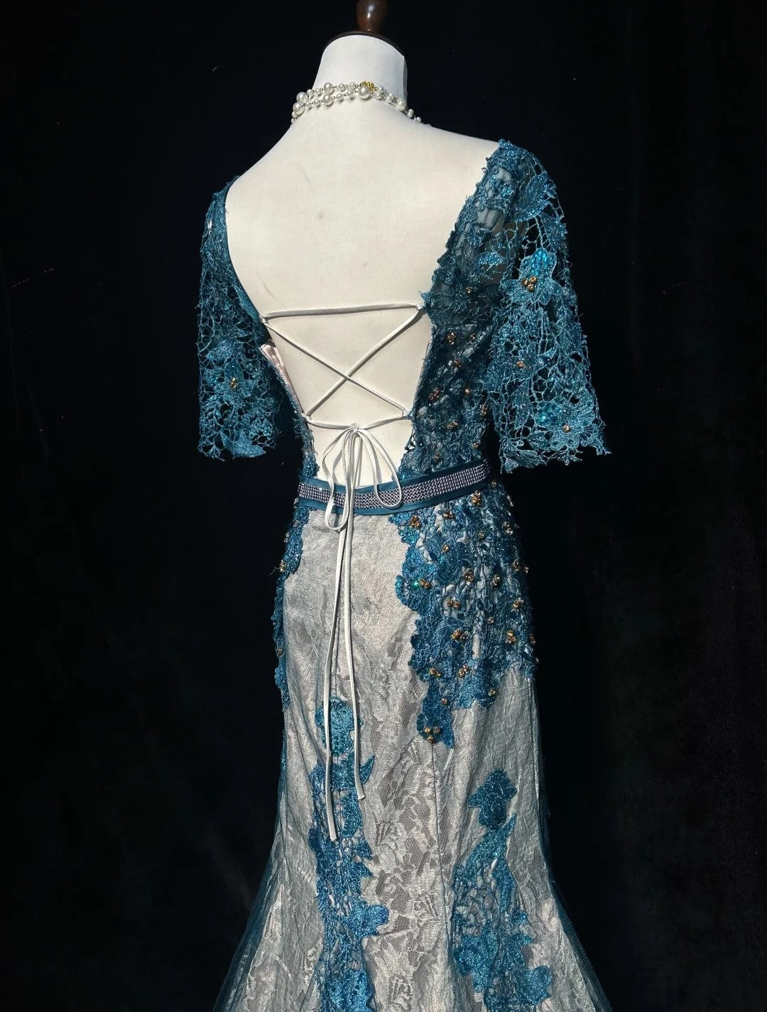 Vintage Prom Dresses Inspo Mermaid Lace Blue Tulle Lace 80s With Appliqued Formal Gowns N3366