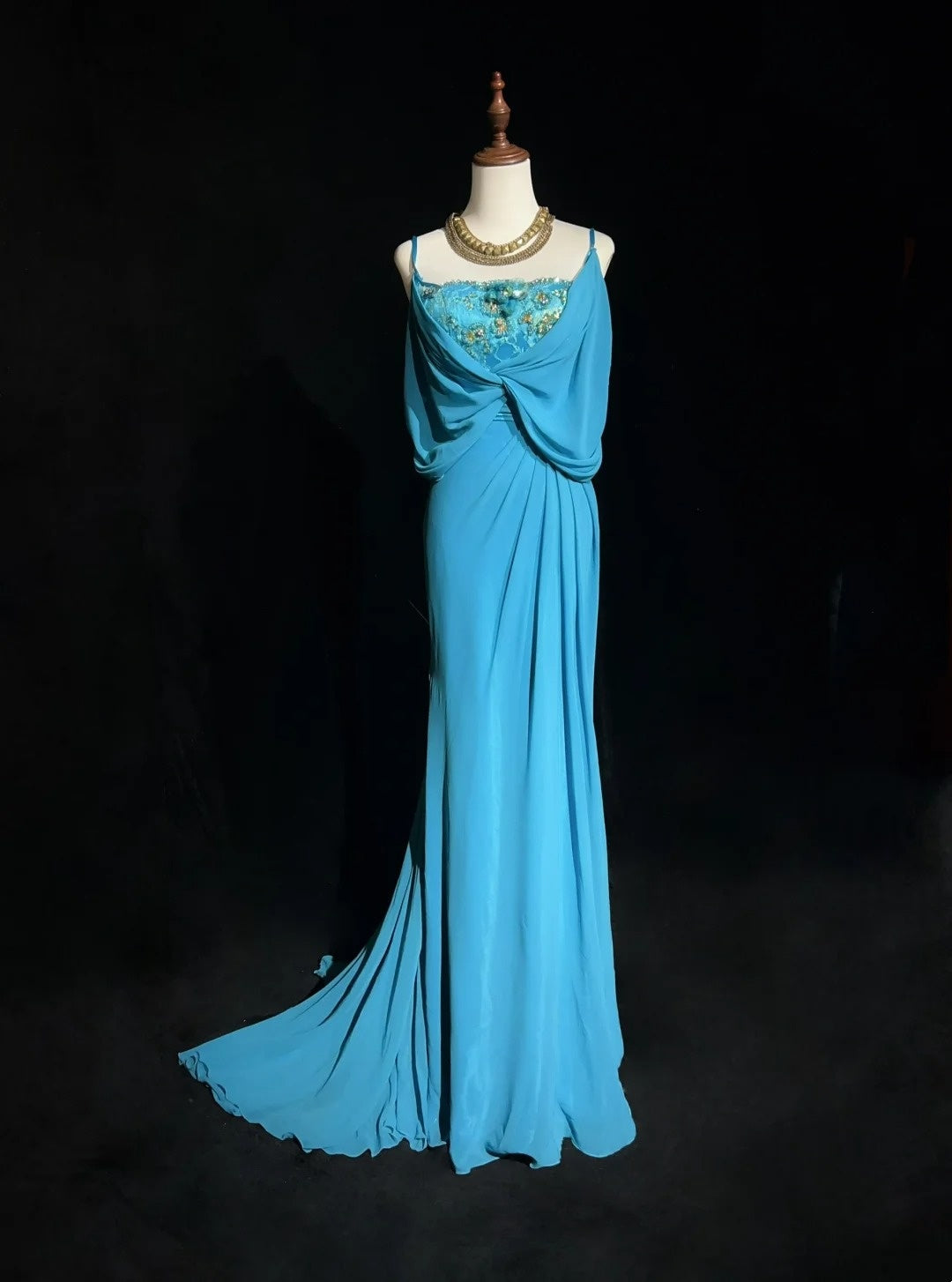 Gothic Glam Prom Dresses Mermaid Spaghetti Strap Blue Chiffon Sleeveless With Beaded Semi Formal Evening Dress N3819
