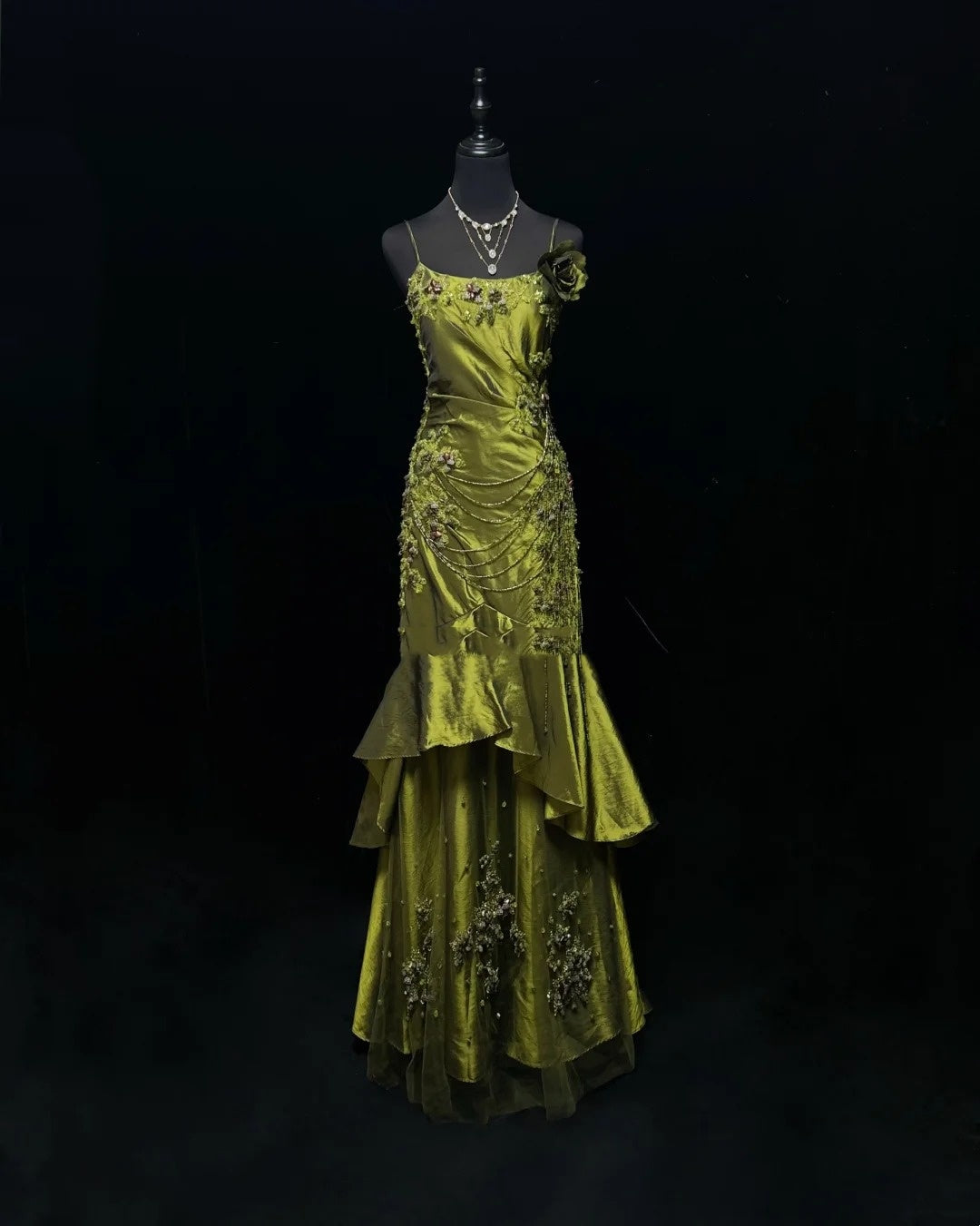 Vintage Mermaid 2000s Spaghetti Strap Olive Green Satin Formal Dress Long Prom Dresses N2575