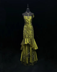 Vintage Mermaid 2000s Spaghetti Strap Olive Green Satin Formal Dress Long Prom Dresses N2575